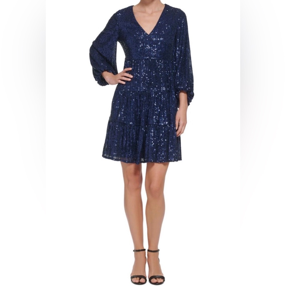 Eliza J Womens Sequin Tiered Balloon Sleeve Fit & Flare Dress Size 12 Party